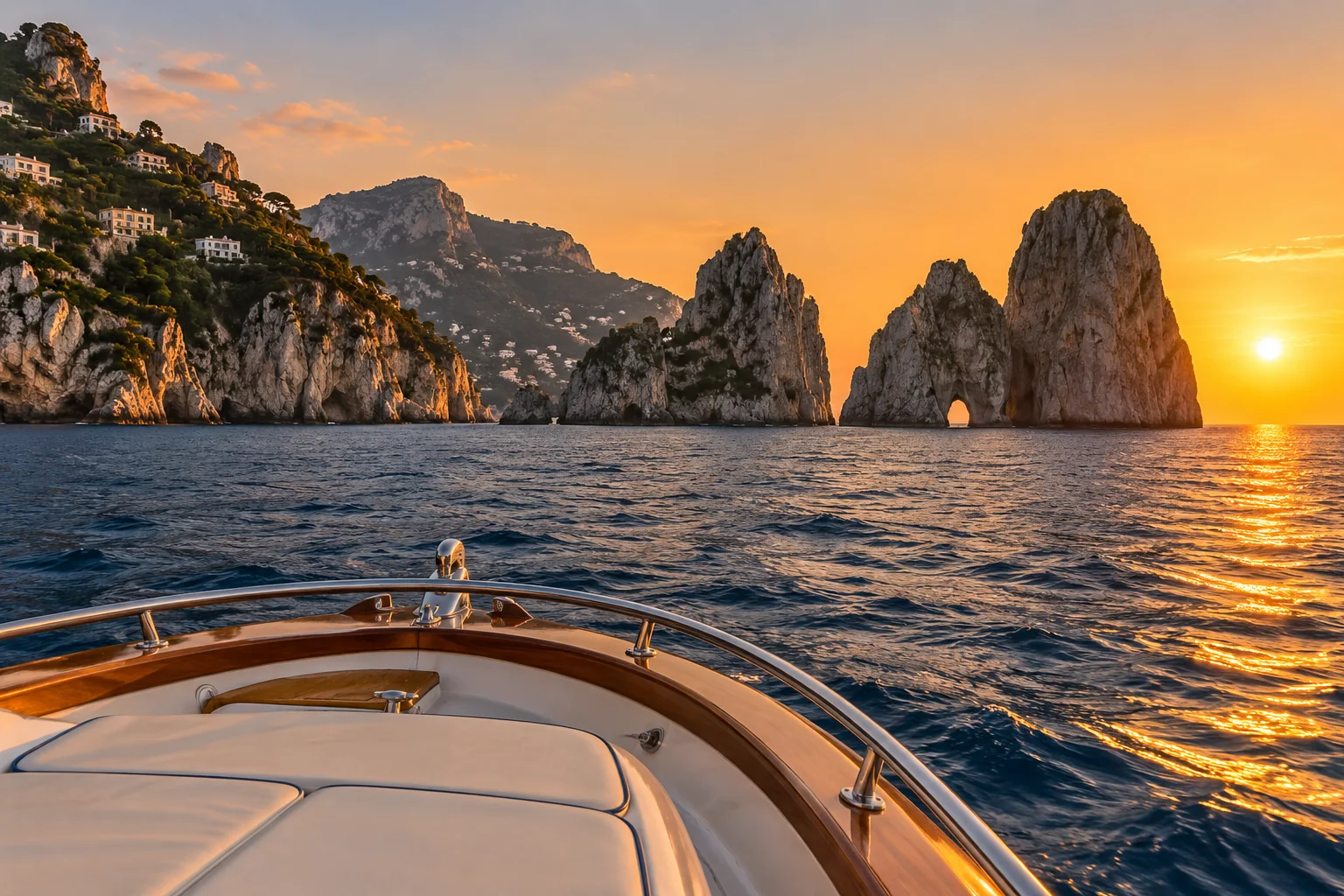 A boat crossing the Capri coastline at sunset.